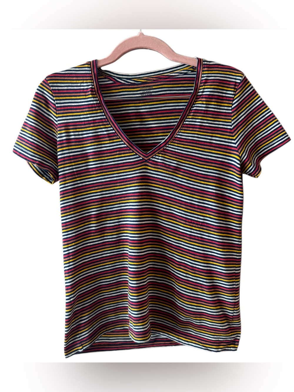 Madewell Multi-Stripe V-Neck Tee in Red, Orange, Yellow, White & Blue